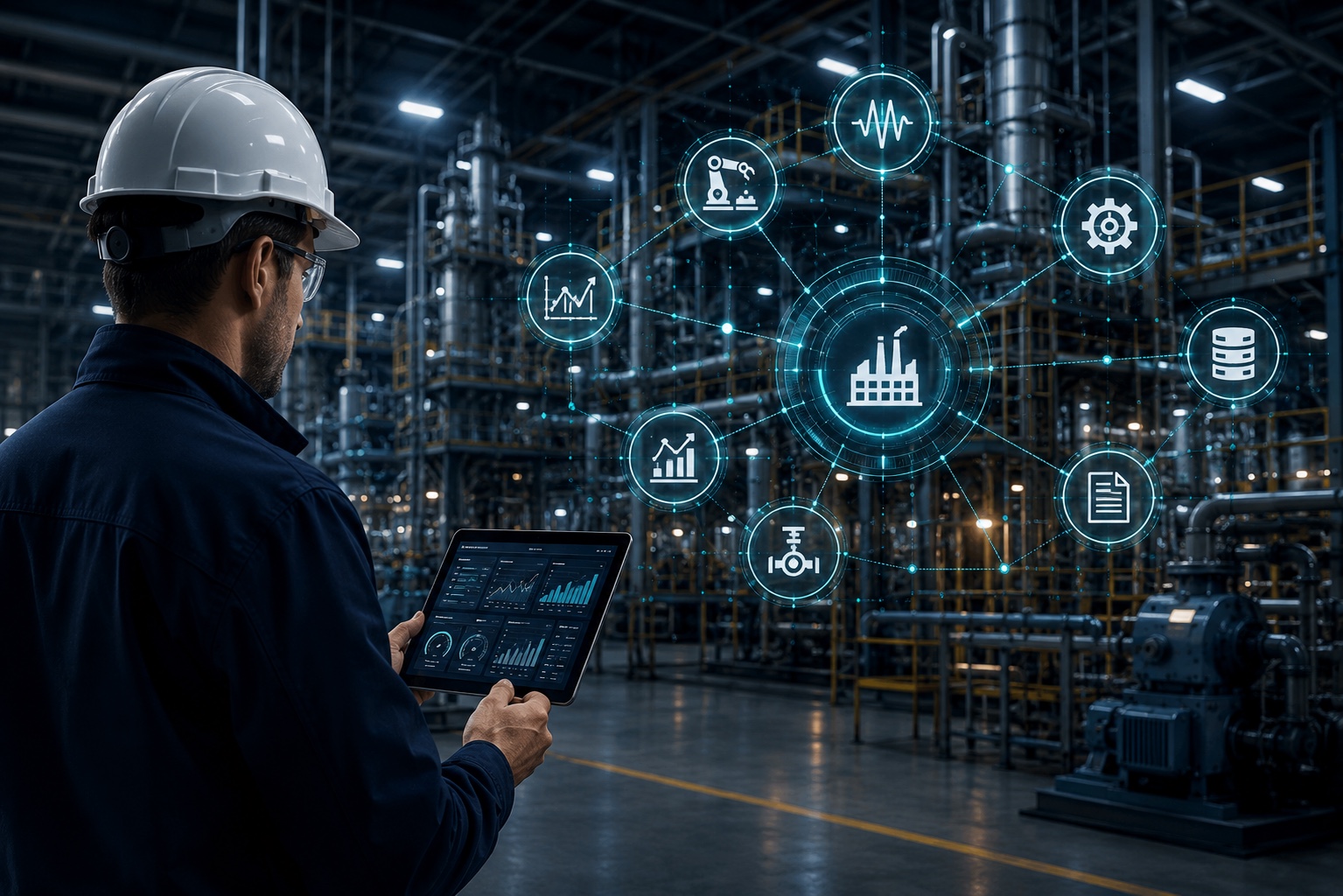 Industrial worker using a tablet inside a connected plant